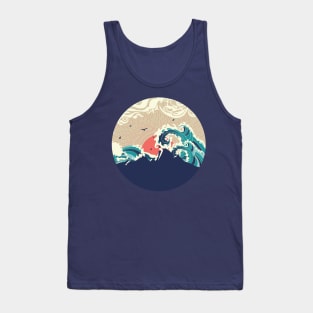 Big sea waves and island at sunset Tank Top